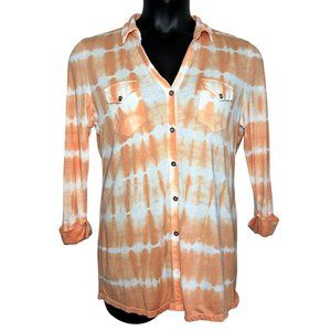 Calvin Klein | Orange & White Pattern 3/4 Sleeve Button Down Shirt | Size M
